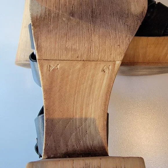 Anthropologie Silent D Italian Black Leather Wooden Fisherman Heels Sz 41 - Picture 9 of 11